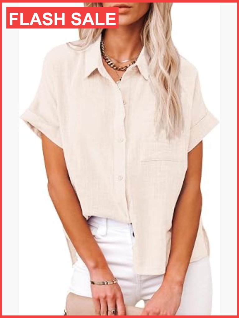 Casual Cotton Linen Button Down Short Sleeve Blouse Top With Pocket